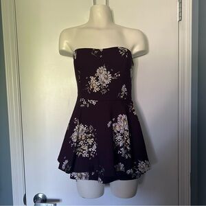 Forever 21 Burgundy & Floral Print Sleeveless Skirted Romper with Shorts
